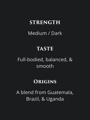 The Commander's detail sheet. Coffee strength is medium-dark. Taste is full-bodied, balanced, and smooth. Origins are a Certified Fair Trade blend from Guatemala, Brazil, and Uganda