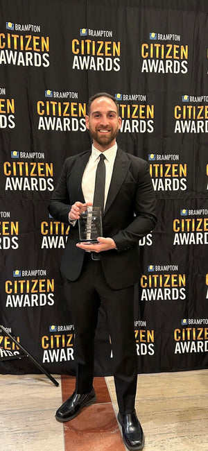 Anthony Lombardo of The Mister Brewer receiving the 2024 Citizens Inspirational Award at the Rose Theatre Brampton