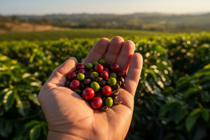 coffee beans in a hand like they are at the farm