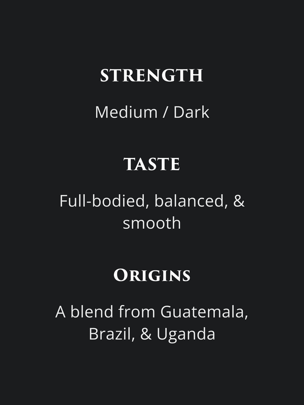 The Commander's detail sheet. Coffee strength is medium-dark. Taste is full-bodied, balanced, and smooth. Origins are a Certified Fair Trade blend from Guatemala, Brazil, and Uganda 